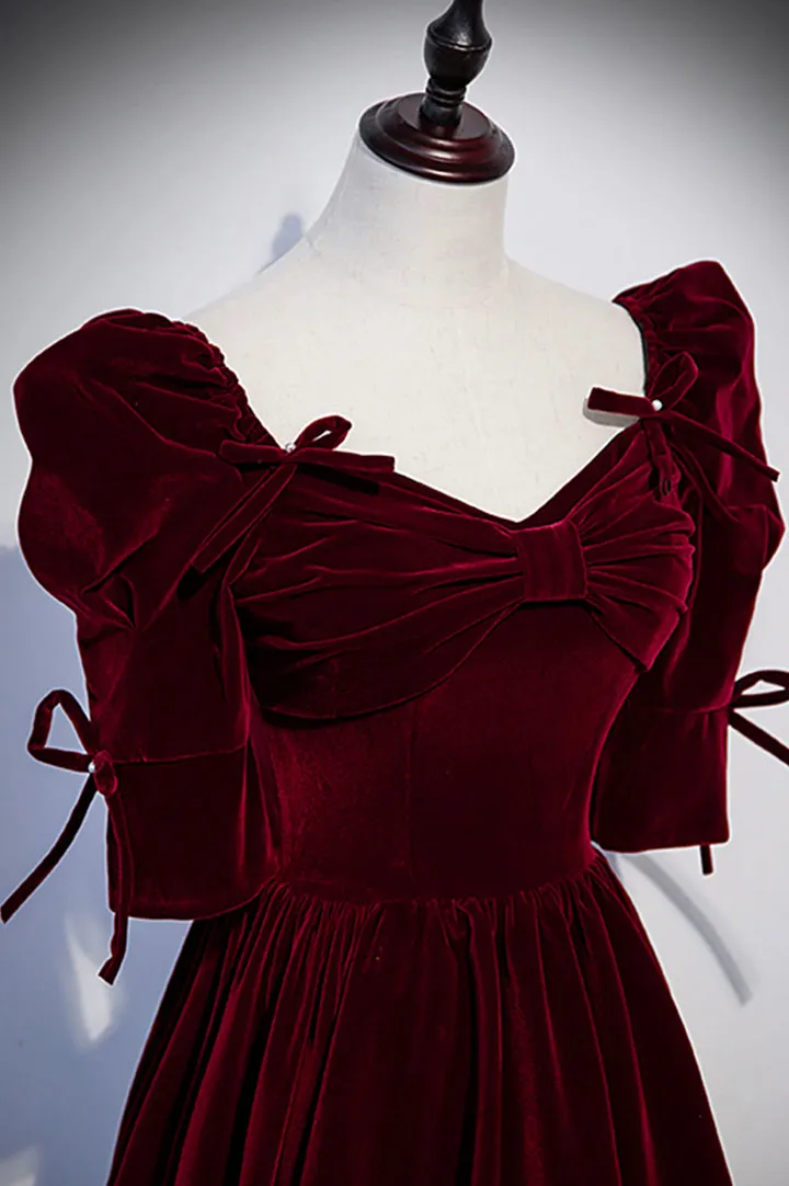 Luolandi Burgundy Velvet Long Prom Dresses A-Line Short Sleeve Evening Dresses Floor Length