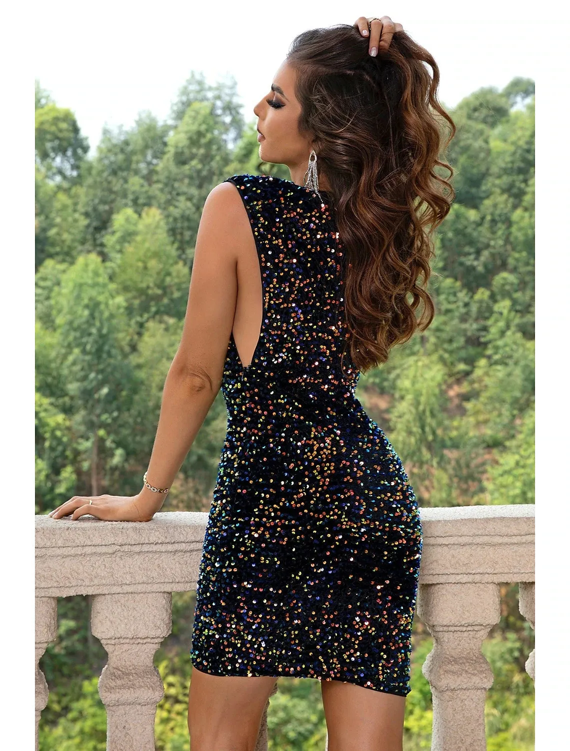 Luolandi Slim Prom Dresses Hot Dress Party Wear Short / Mini Sleeveless Jewel Neck Velvet with Sequin