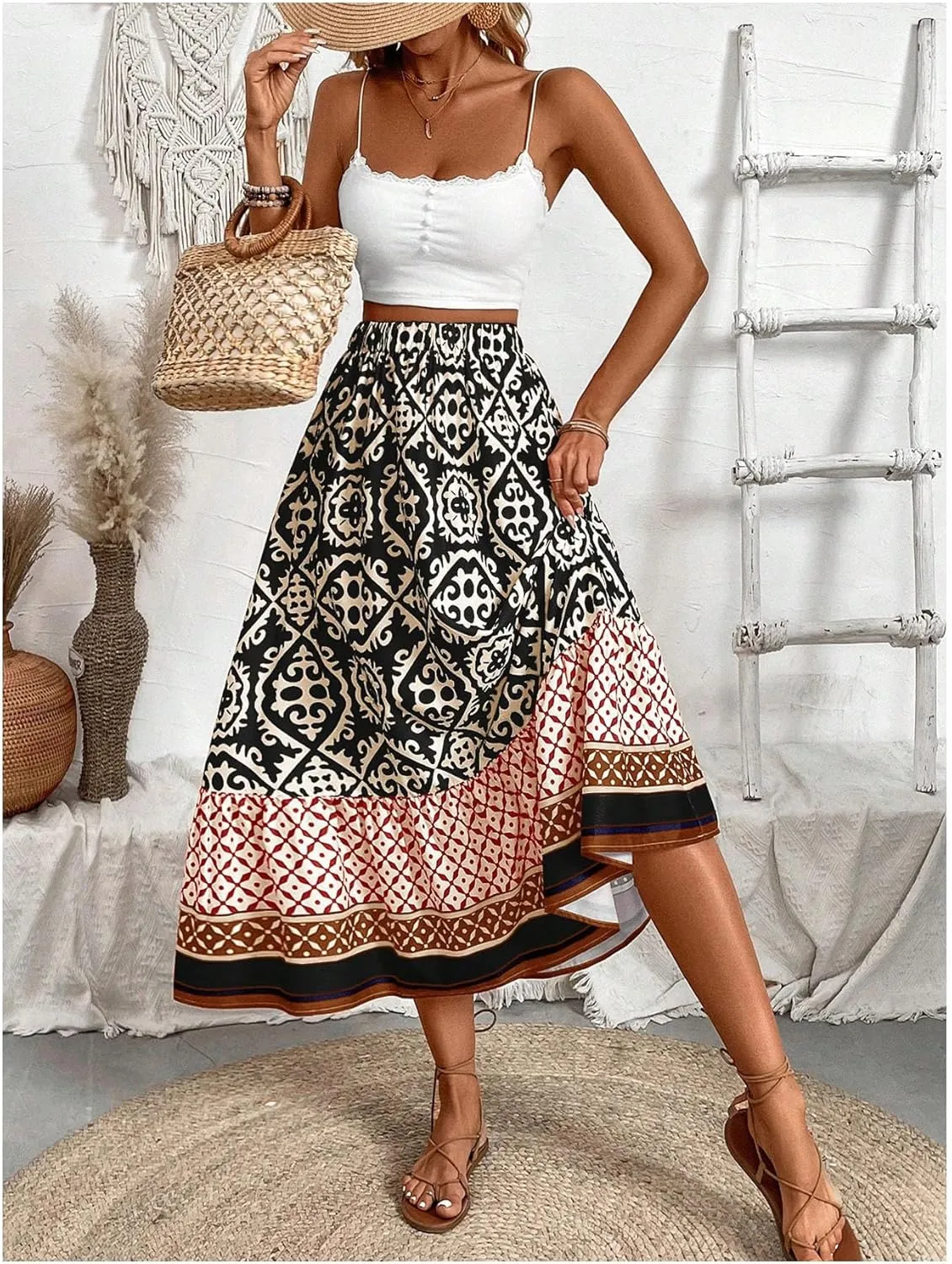 Maxi Skirts for Women Floral Print Ruffled Hem Long Skirt High Waisted Casual Women Outfit
