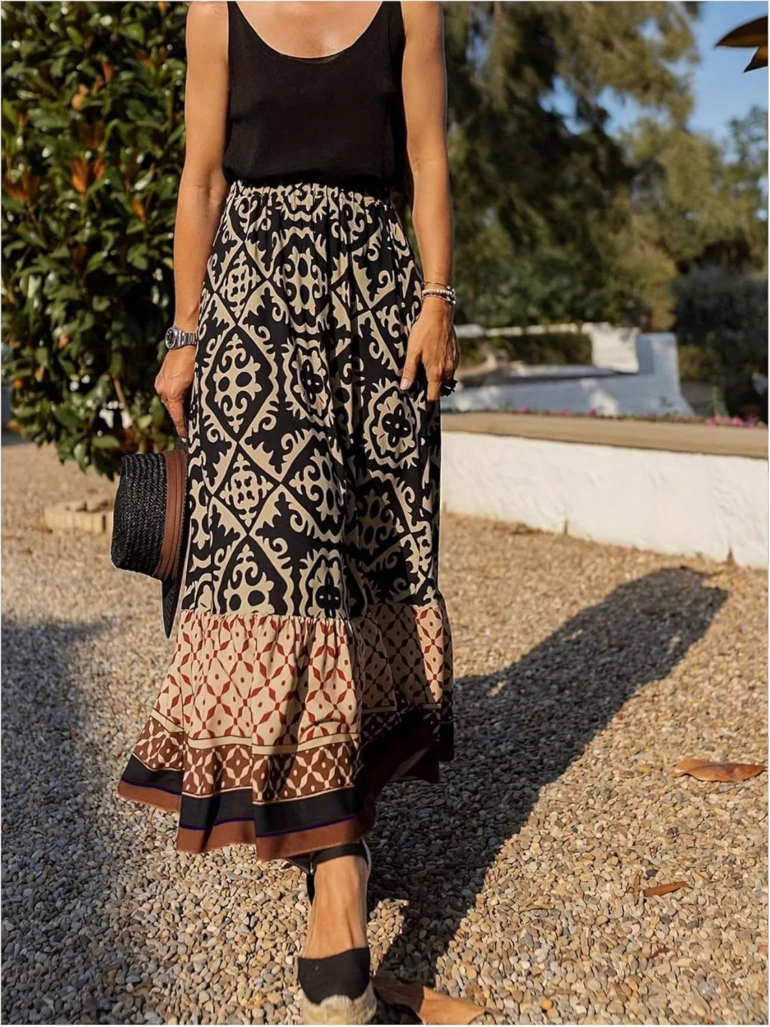 Maxi Skirts for Women Floral Print Ruffled Hem Long Skirt High Waisted Casual Women Outfit