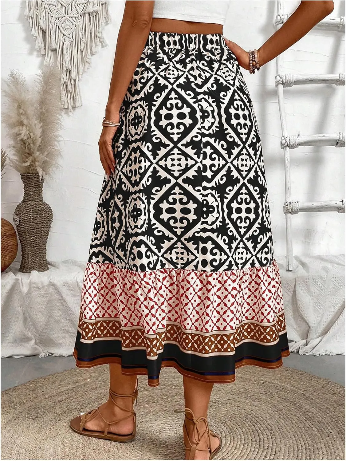 Maxi Skirts for Women Floral Print Ruffled Hem Long Skirt High Waisted Casual Women Outfit