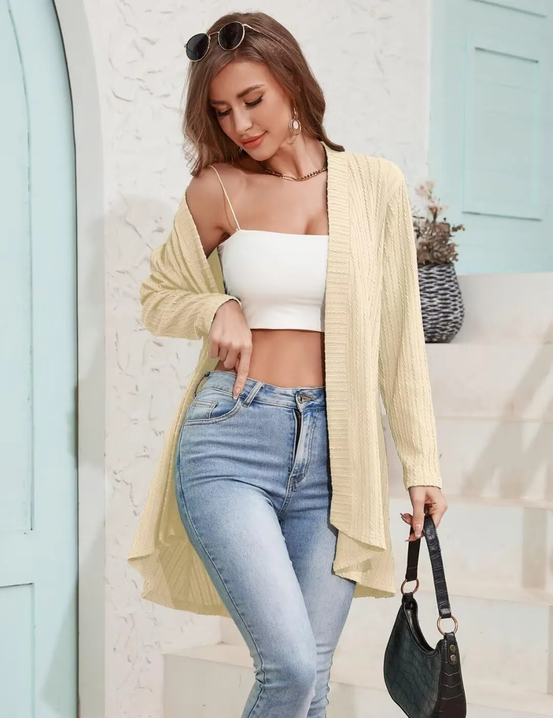 MONNURO Plus Size Women's Lightweight Open Front Cardigan Sweaters with High-Low Hem
