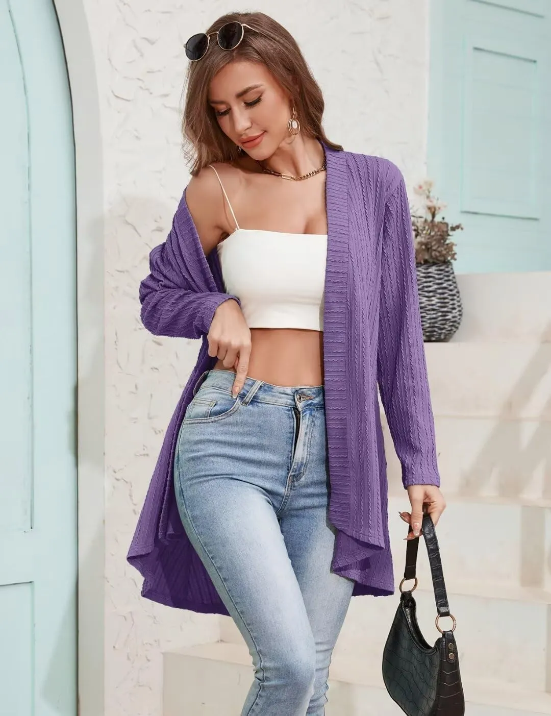 MONNURO Plus Size Women's Lightweight Open Front Cardigan Sweaters with High-Low Hem