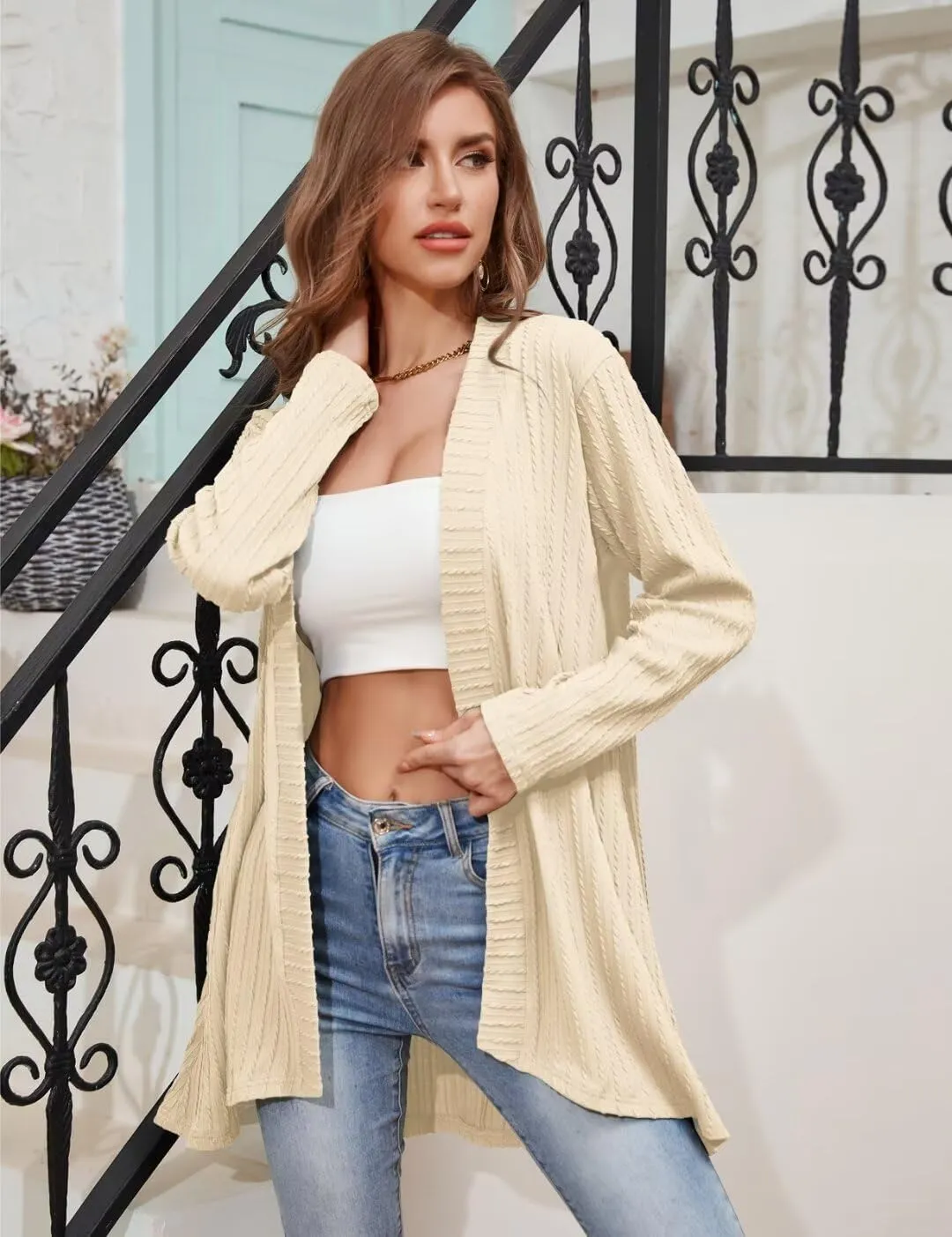 MONNURO Plus Size Women's Lightweight Open Front Cardigan Sweaters with High-Low Hem
