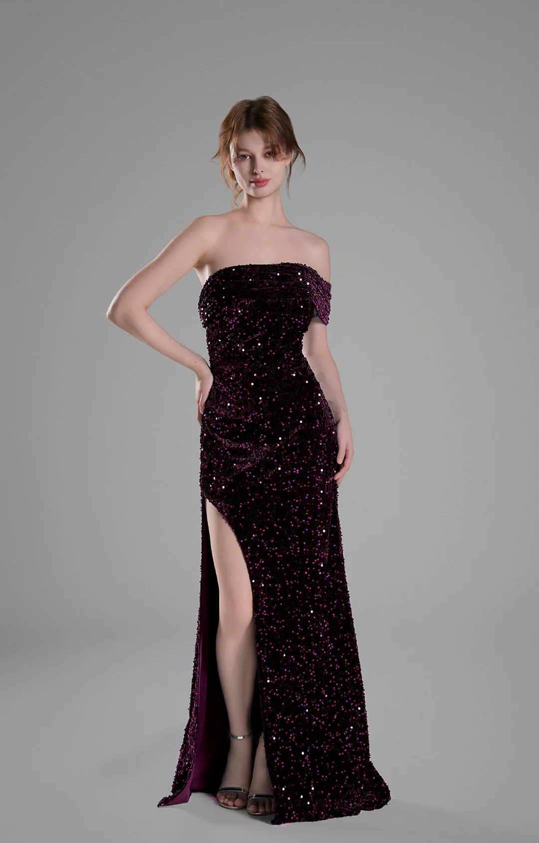 Off-Shoulder Draped Bodice Sequins Sweeping Dresses