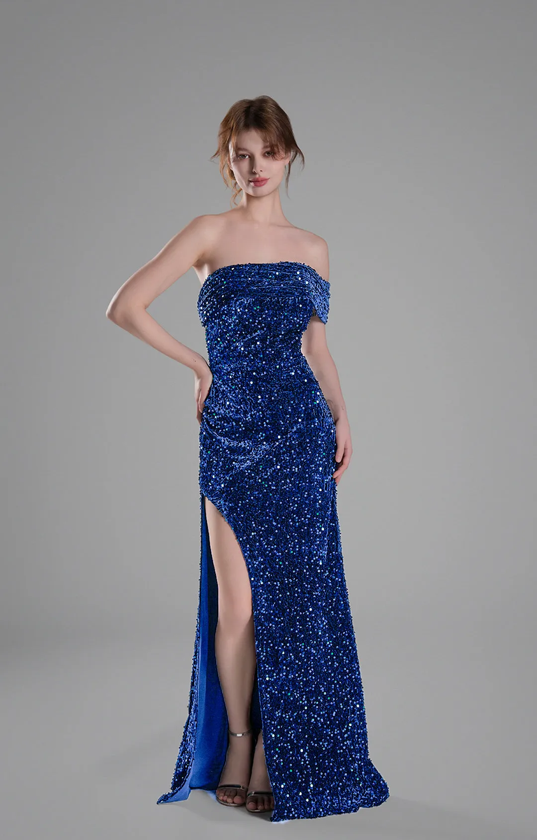 Off-Shoulder Draped Bodice Sequins Sweeping Dresses