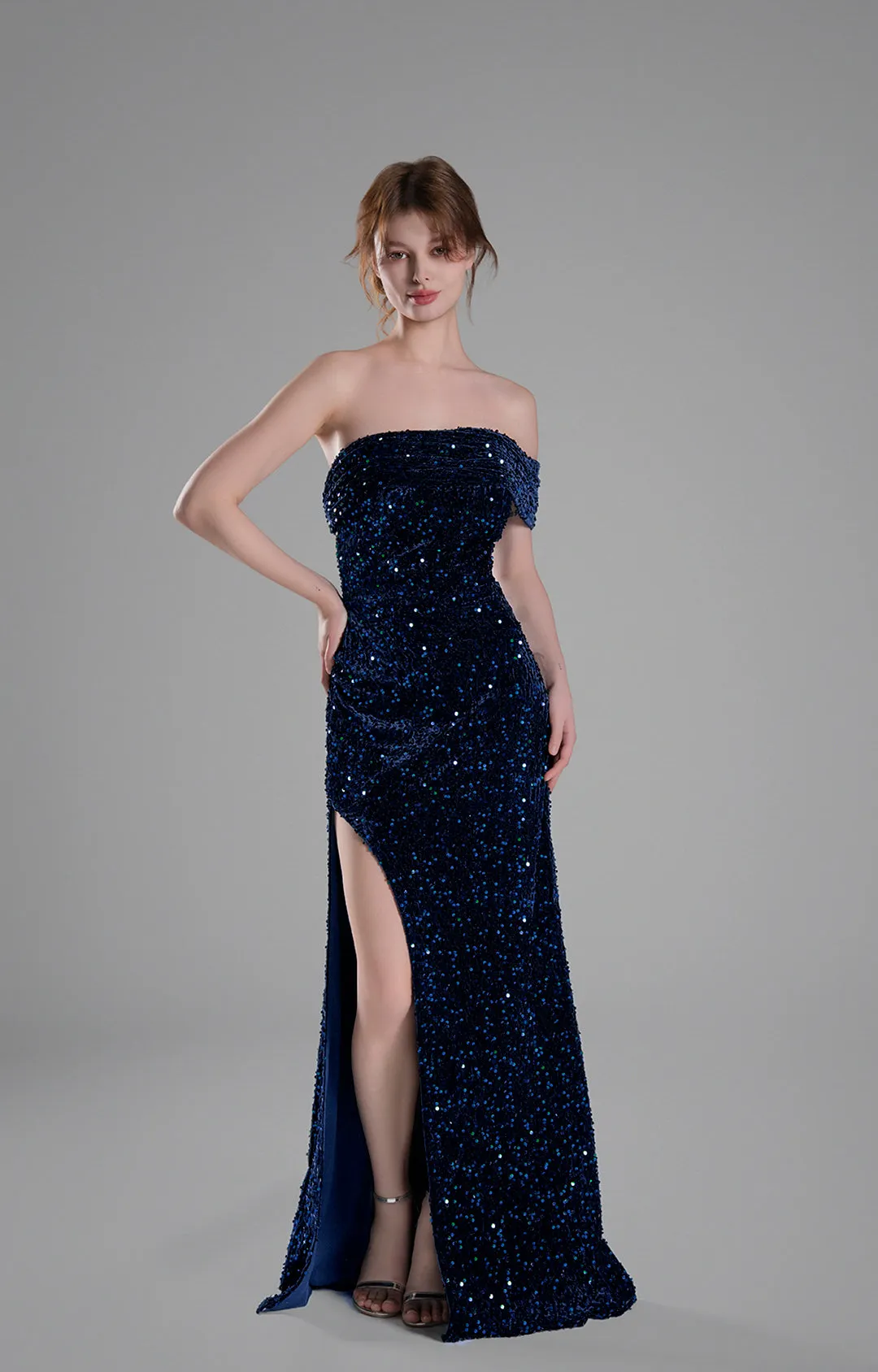 Off-Shoulder Draped Bodice Sequins Sweeping Dresses