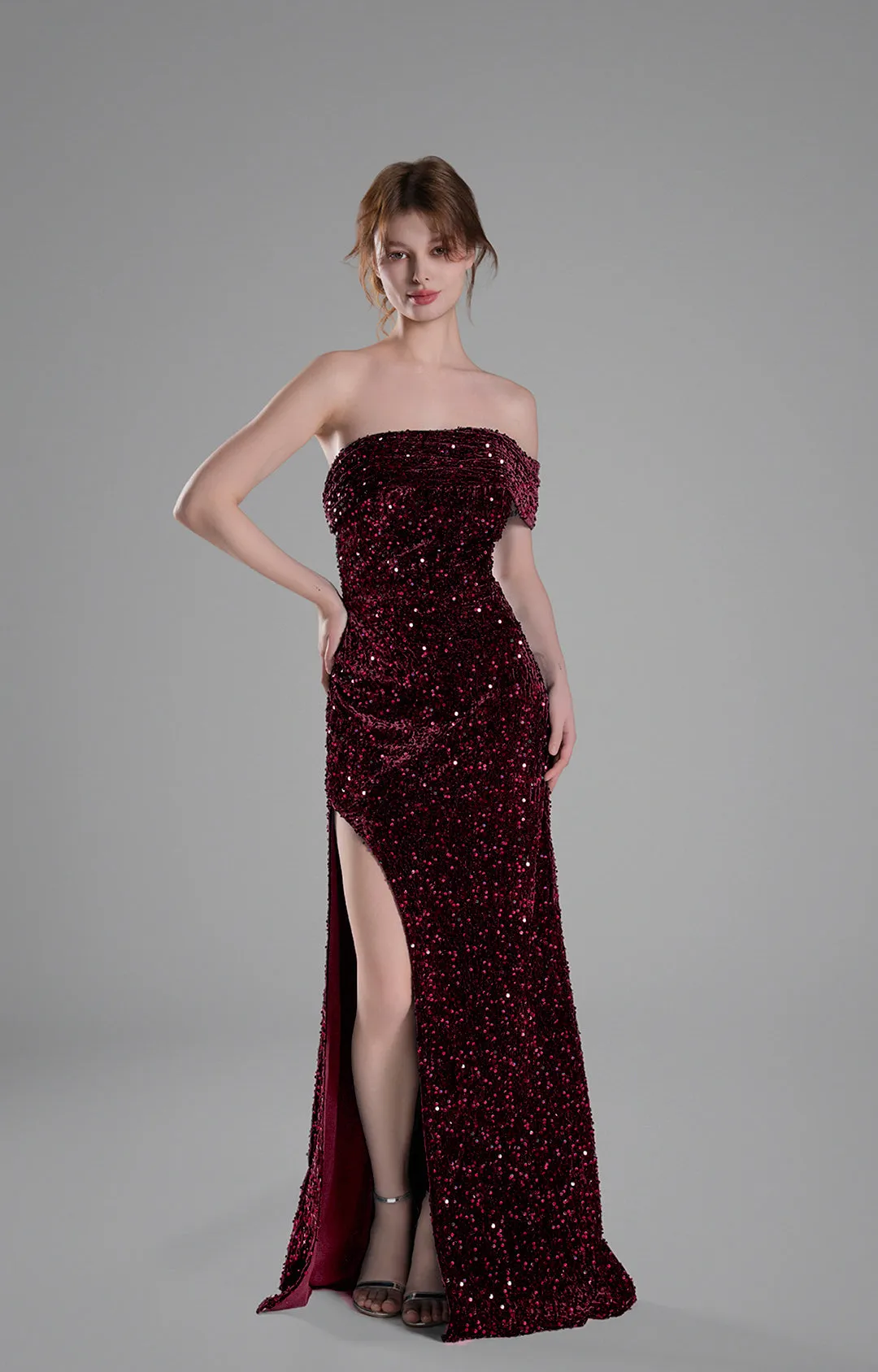 Off-Shoulder Draped Bodice Sequins Sweeping Dresses