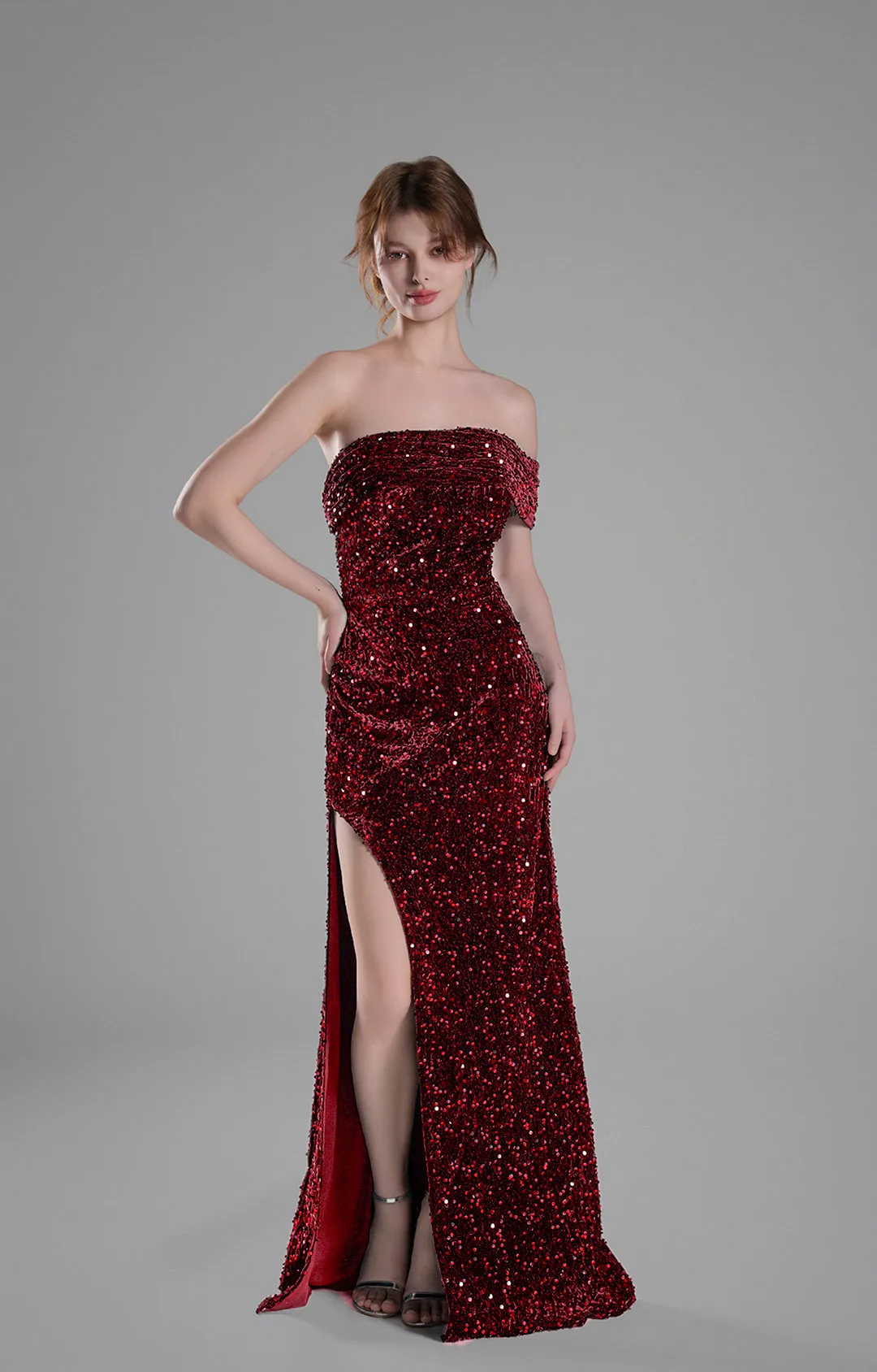Off-Shoulder Draped Bodice Sequins Sweeping Dresses