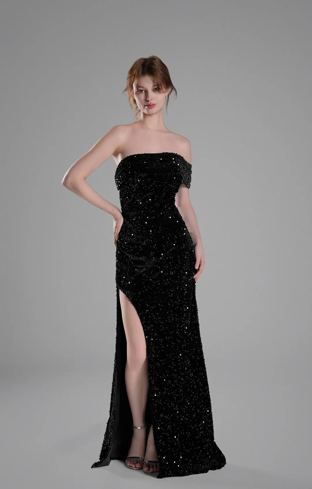 Off-Shoulder Draped Bodice Sequins Sweeping Dresses