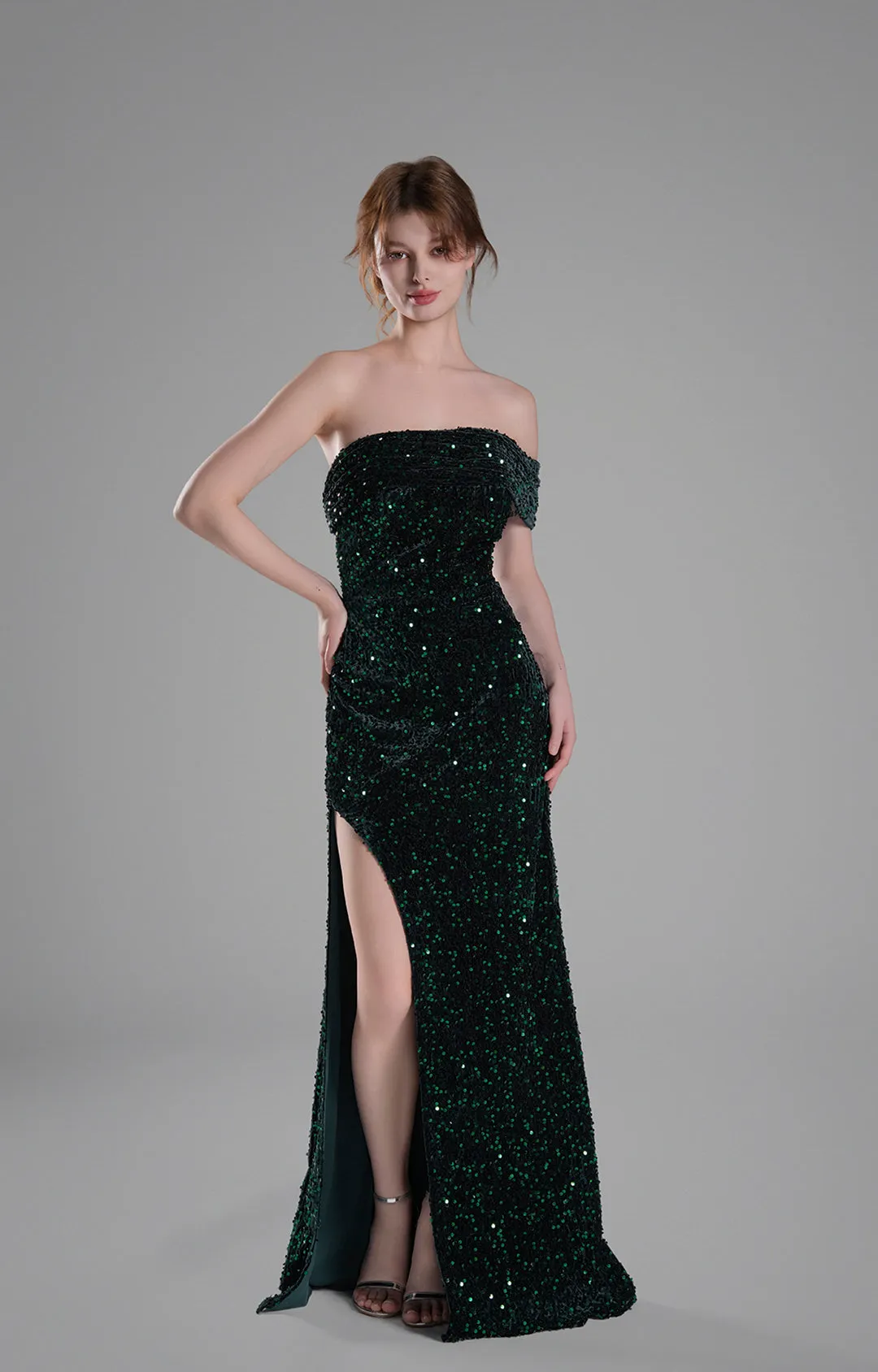 Off-Shoulder Draped Bodice Sequins Sweeping Dresses