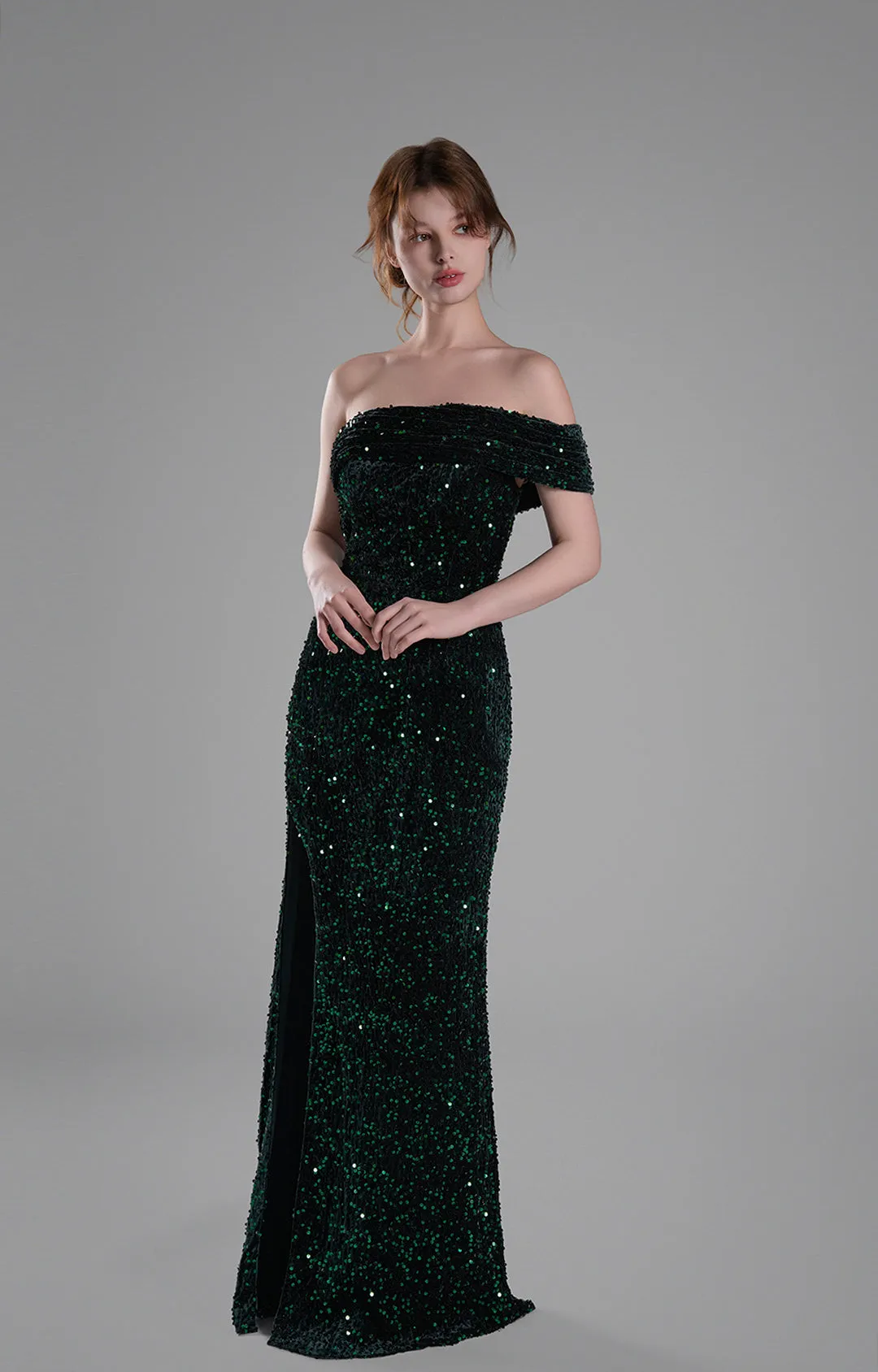 Off-Shoulder Draped Bodice Sequins Sweeping Dresses