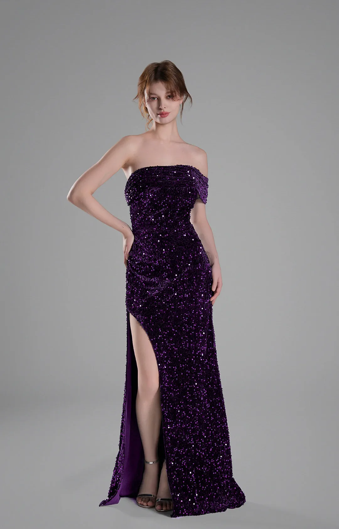 Off-Shoulder Draped Bodice Sequins Sweeping Dresses