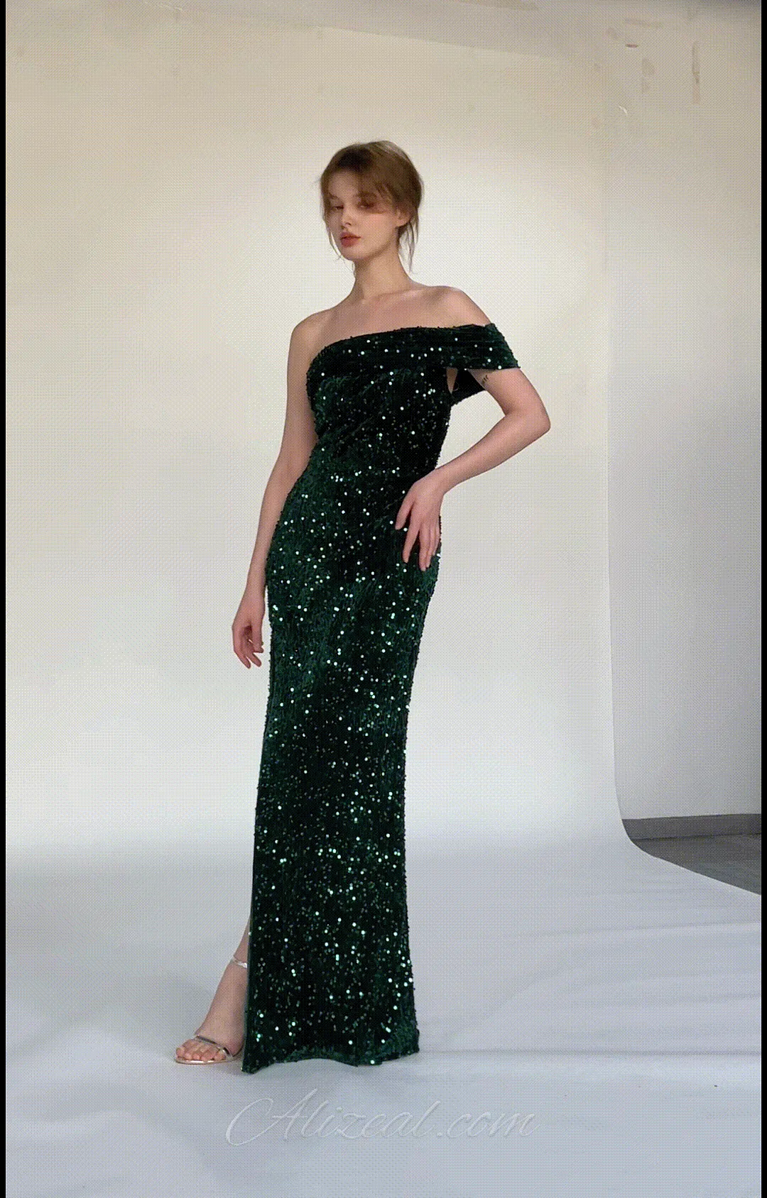 Off-Shoulder Draped Bodice Sequins Sweeping Dresses