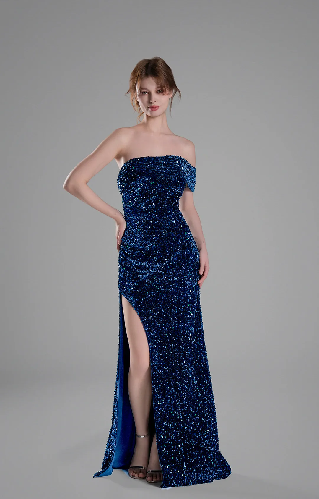 Off-Shoulder Draped Bodice Sequins Sweeping Dresses