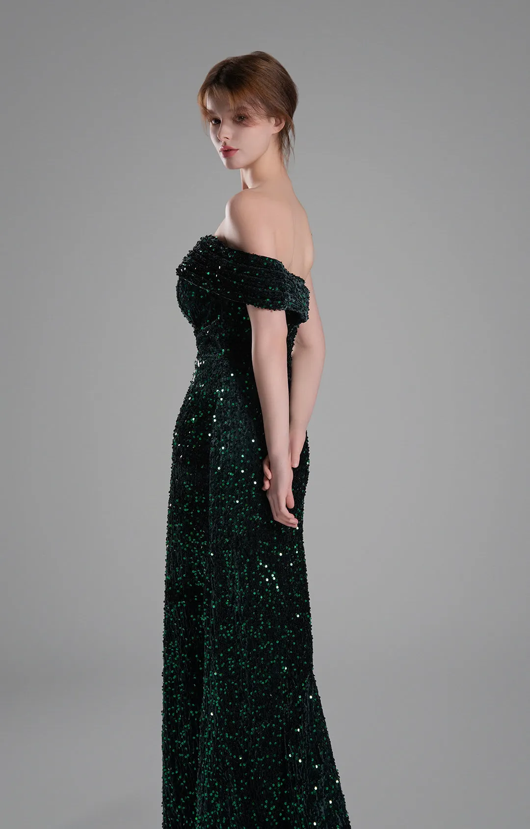 Off-Shoulder Draped Bodice Sequins Sweeping Dresses