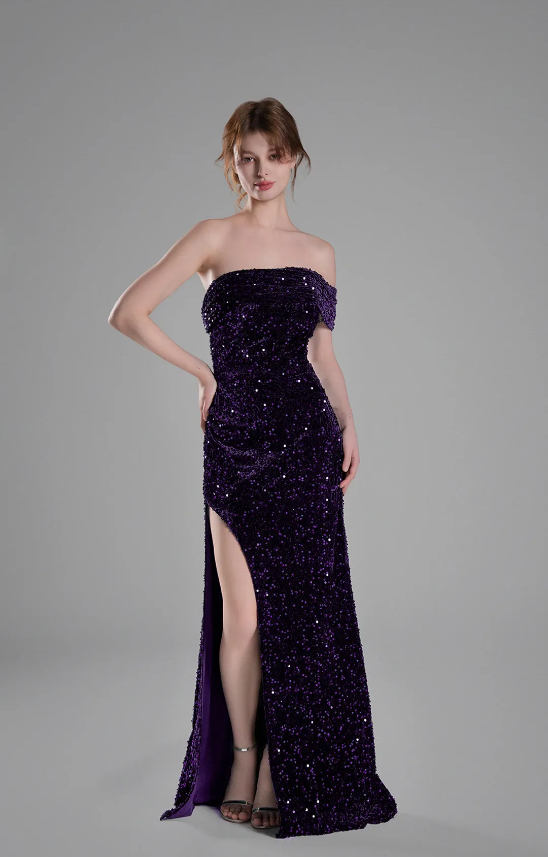 Off-Shoulder Draped Bodice Sequins Sweeping Dresses