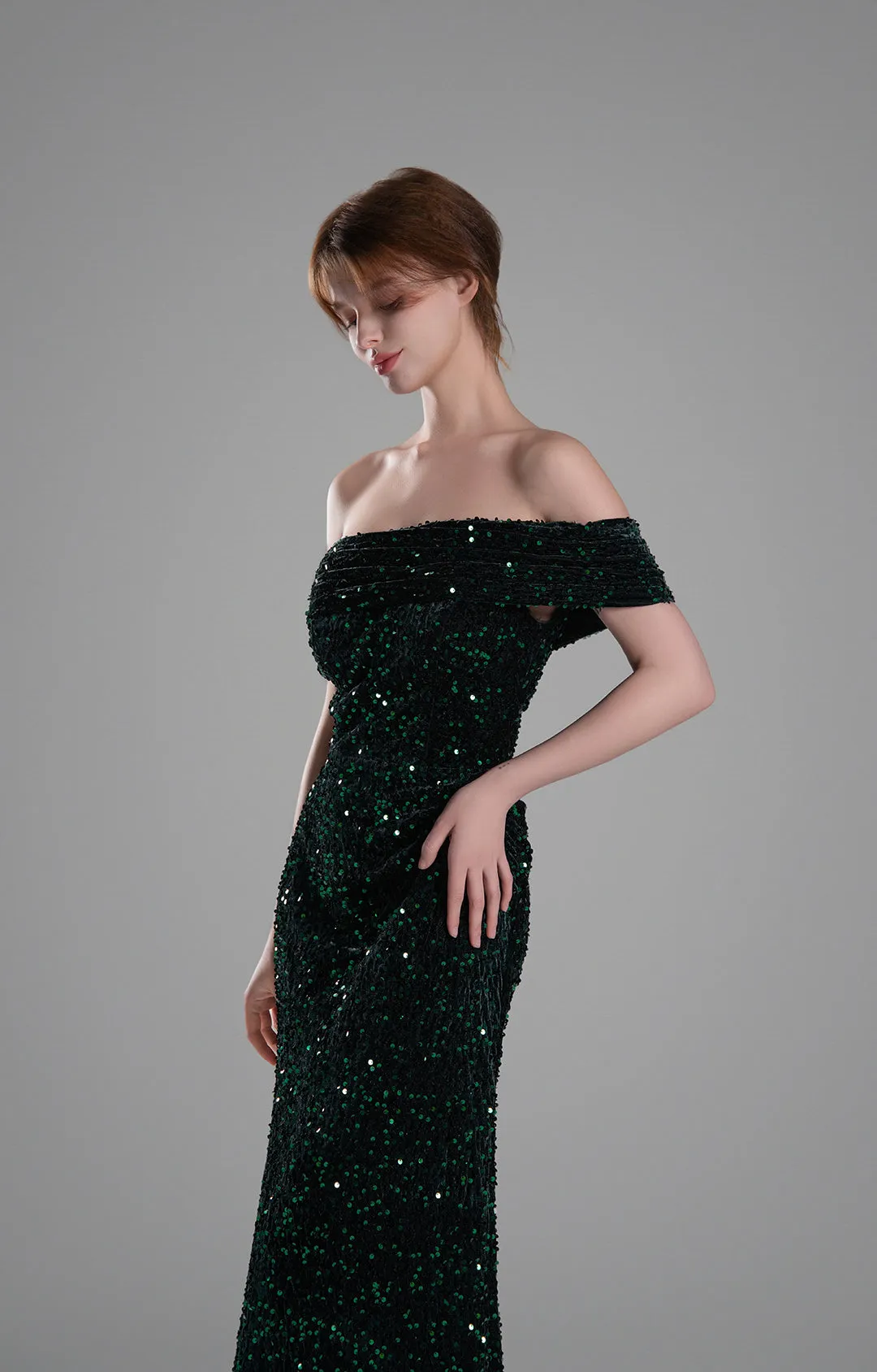 Off-Shoulder Draped Bodice Sequins Sweeping Dresses