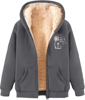Omen's Casual Full Zip Up Sherpa Lined Hoodie Dandelion Print Oversized Sweatshirt Jackets Loose Pockets Outwear Coat