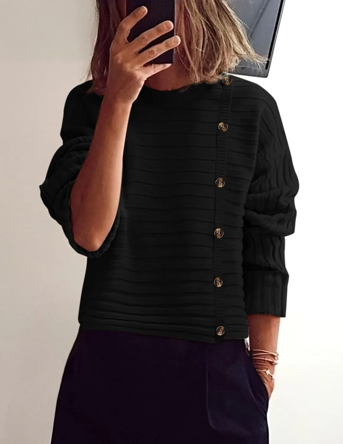 PRETTYGARDEN Womens Sweaters Fall 2025 Casual Long Sleeve Crewneck Button Loose Winter Knit Pullover Sweater Tops
