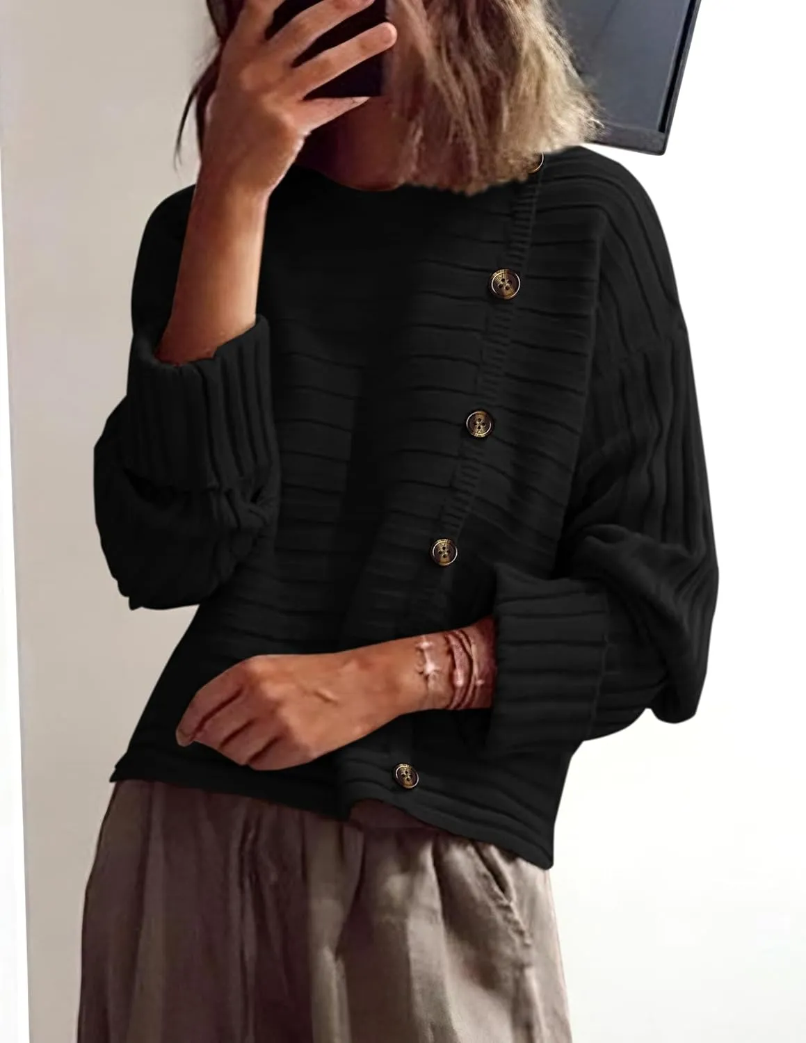 PRETTYGARDEN Womens Sweaters Fall 2025 Casual Long Sleeve Crewneck Button Loose Winter Knit Pullover Sweater Tops