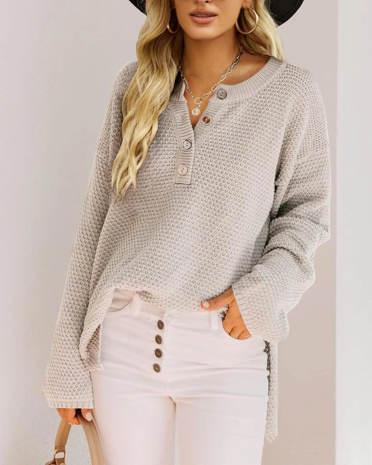 Saodimallsu Women's Oversized Sweaters Batwing Long Sleeve Loose V Neck Button Henley Tops Pullover Knit Jumper