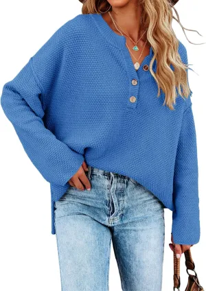 Saodimallsu Women's Oversized Sweaters Batwing Long Sleeve Loose V Neck Button Henley Tops Pullover Knit Jumper
