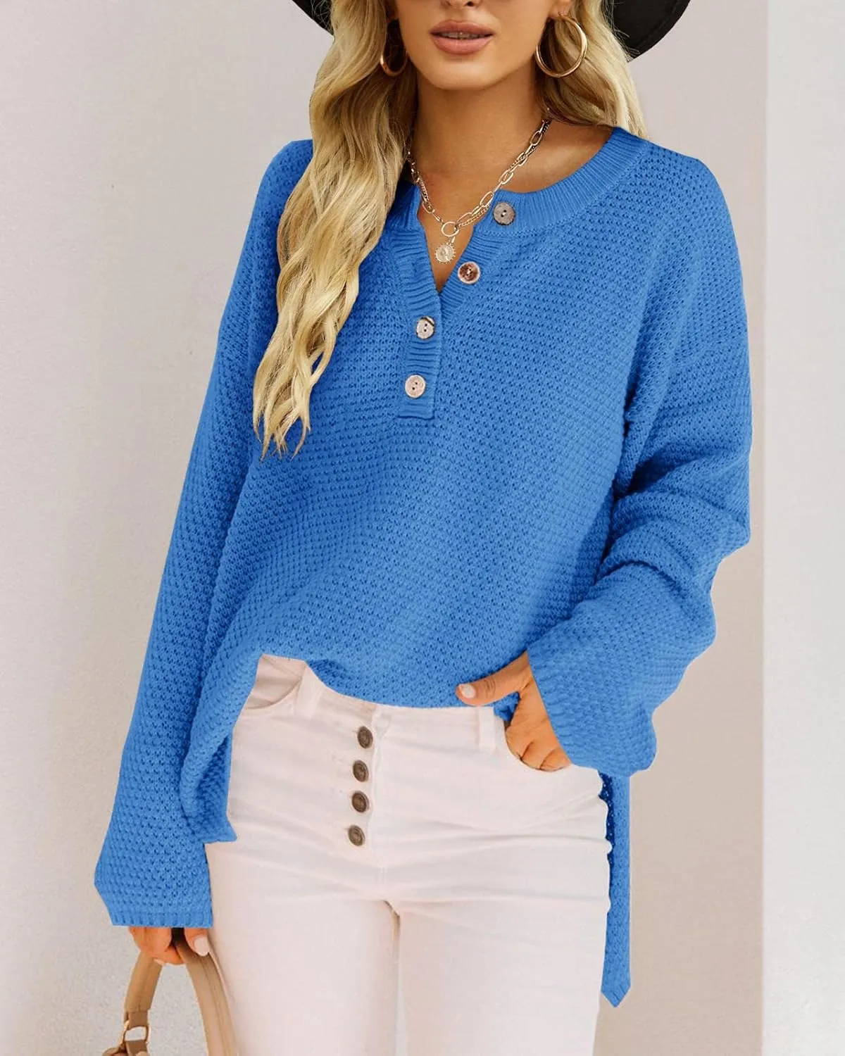 Saodimallsu Women's Oversized Sweaters Batwing Long Sleeve Loose V Neck Button Henley Tops Pullover Knit Jumper