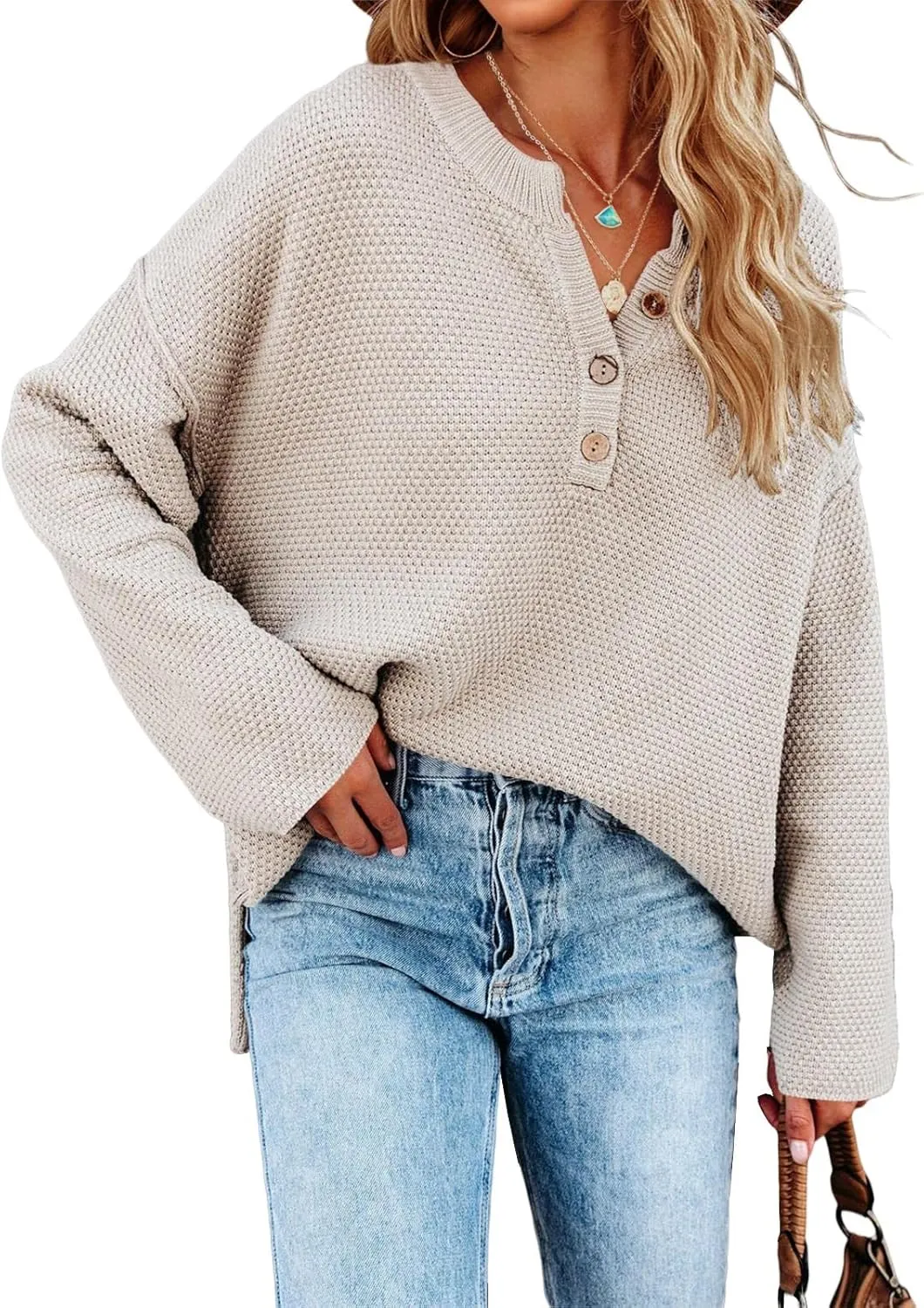 Saodimallsu Women's Oversized Sweaters Batwing Long Sleeve Loose V Neck Button Henley Tops Pullover Knit Jumper