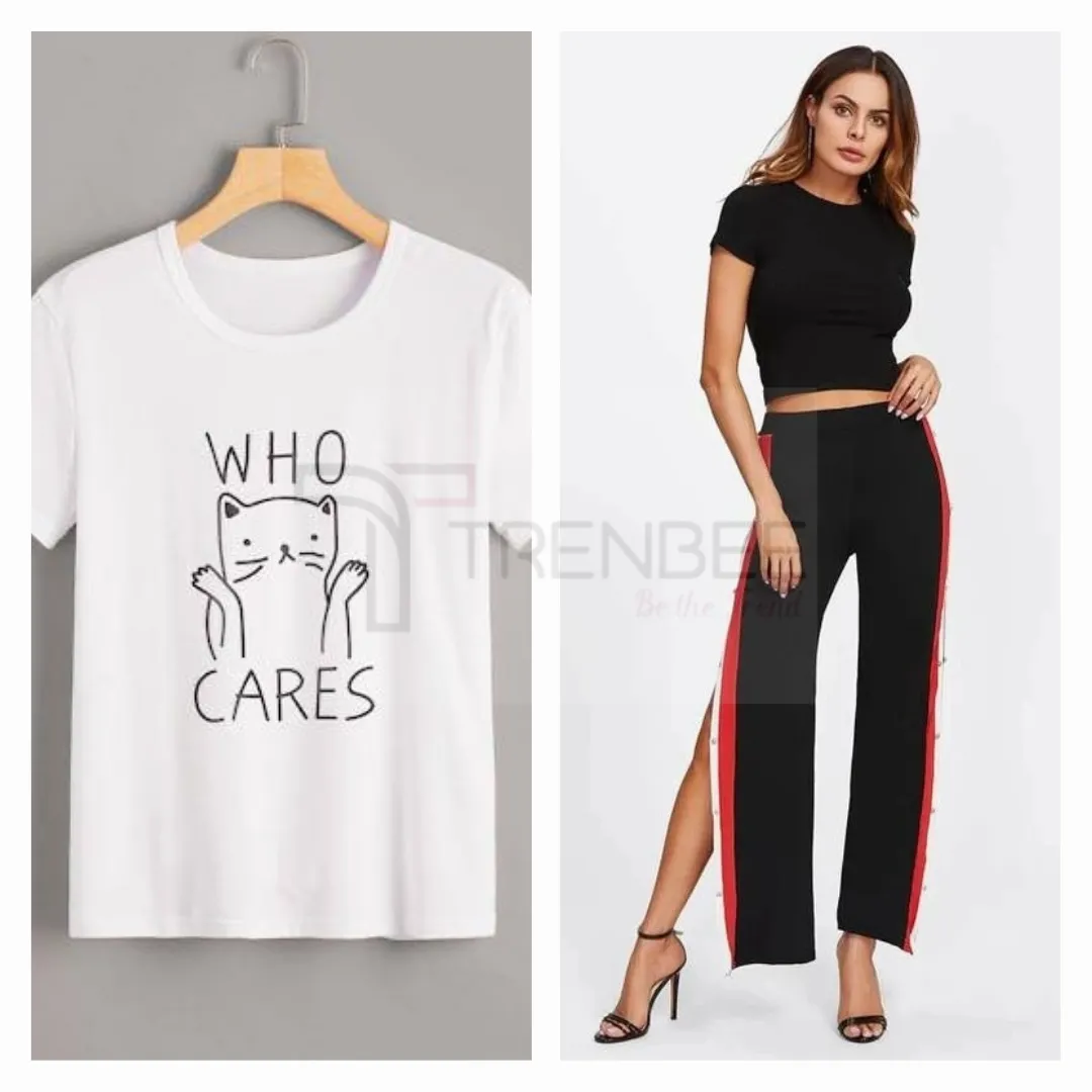 Set of Side button tapped pants and Cotton Printed Tees
