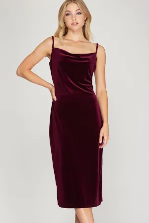She And Sky Wine Velvet Camisole Dress With Cowl Neck And Side Slit