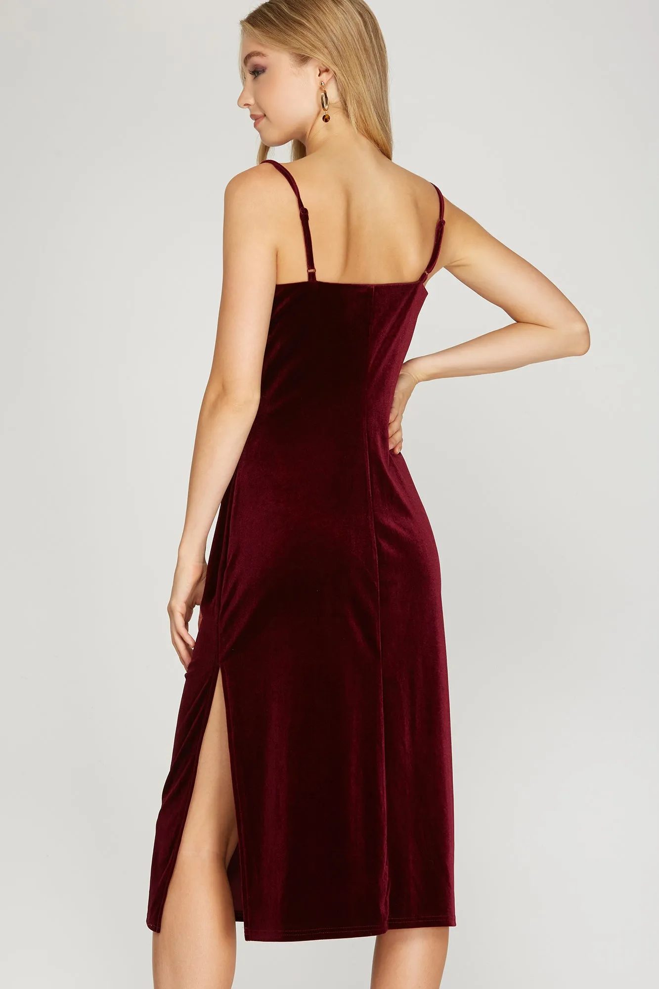 She And Sky Wine Velvet Camisole Dress With Cowl Neck And Side Slit