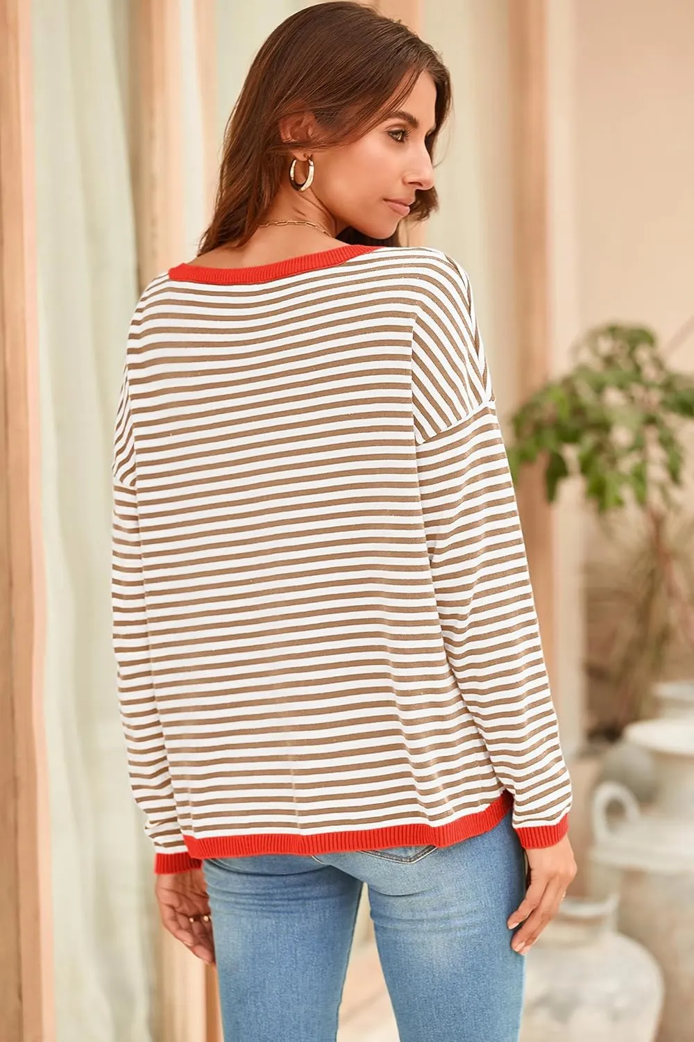 Sherosa Womens Long Sleeve Striped Sweaters 2024 Trendy Crewneck Color Block Shirts High Low Fall Tops Fashion Outfits