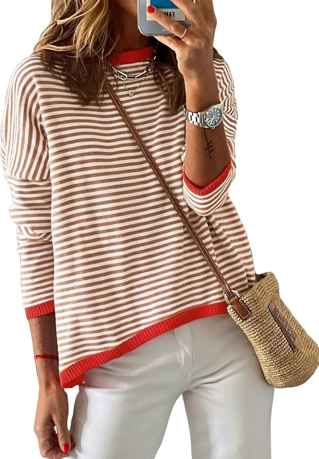 Sherosa Womens Long Sleeve Striped Sweaters 2024 Trendy Crewneck Color Block Shirts High Low Fall Tops Fashion Outfits