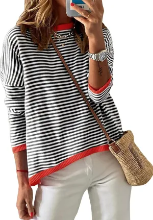 Sherosa Womens Long Sleeve Striped Sweaters 2024 Trendy Crewneck Color Block Shirts High Low Fall Tops Fashion Outfits