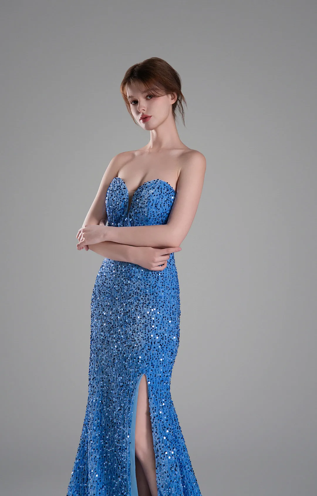 Sweetheart Sleeveless High Slit Sequins Mermaid