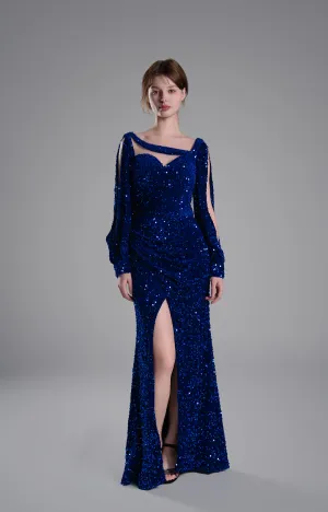 Sweetheart Split Sleeves Shimmering Sequins Mermaid Maxi Dresses
