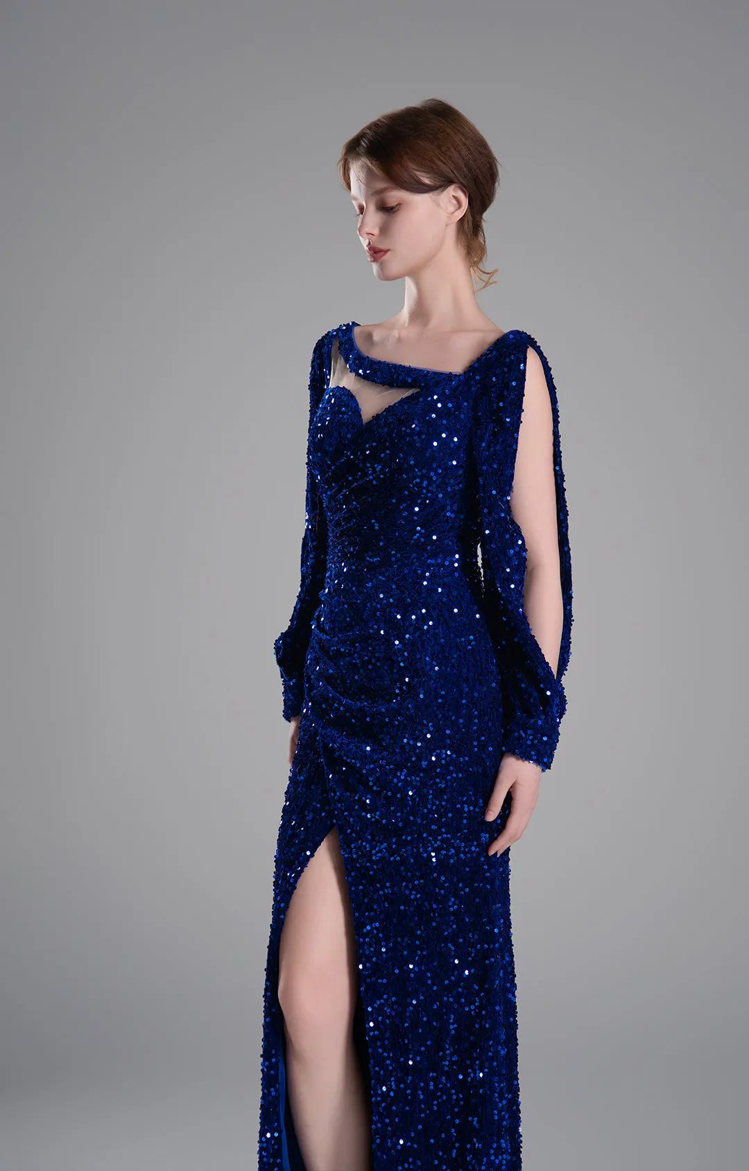 Sweetheart Split Sleeves Shimmering Sequins Mermaid Maxi Dresses