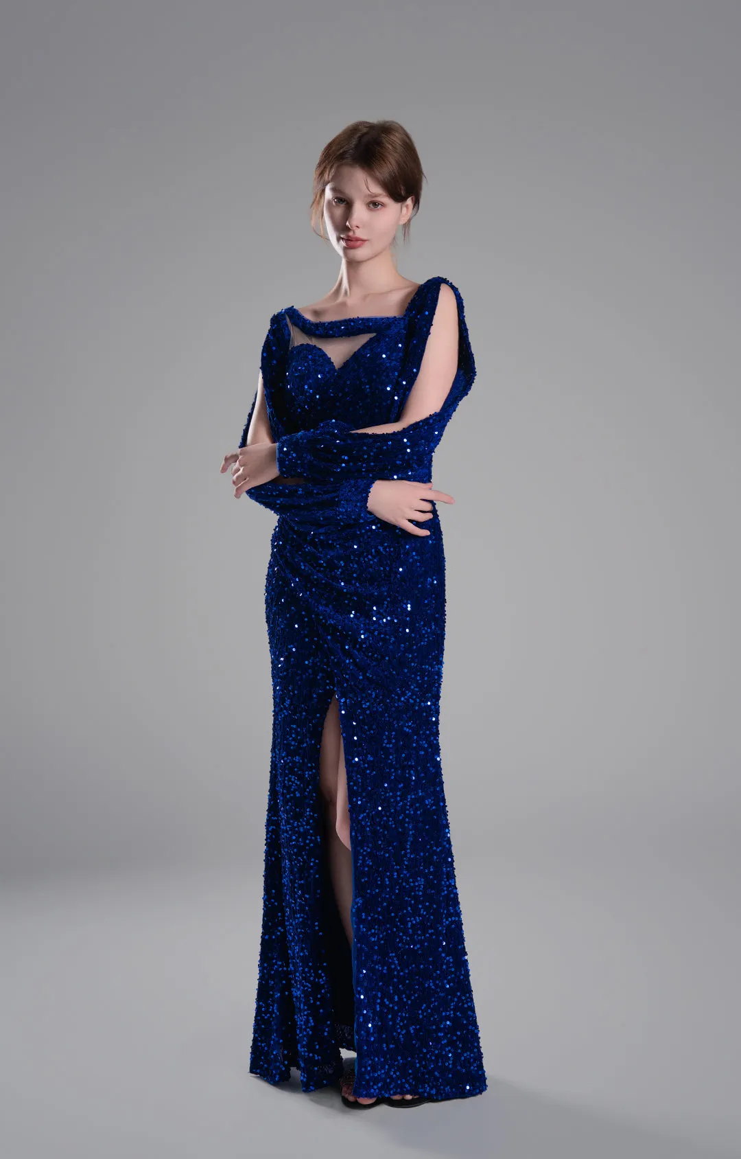 Sweetheart Split Sleeves Shimmering Sequins Mermaid Maxi Dresses