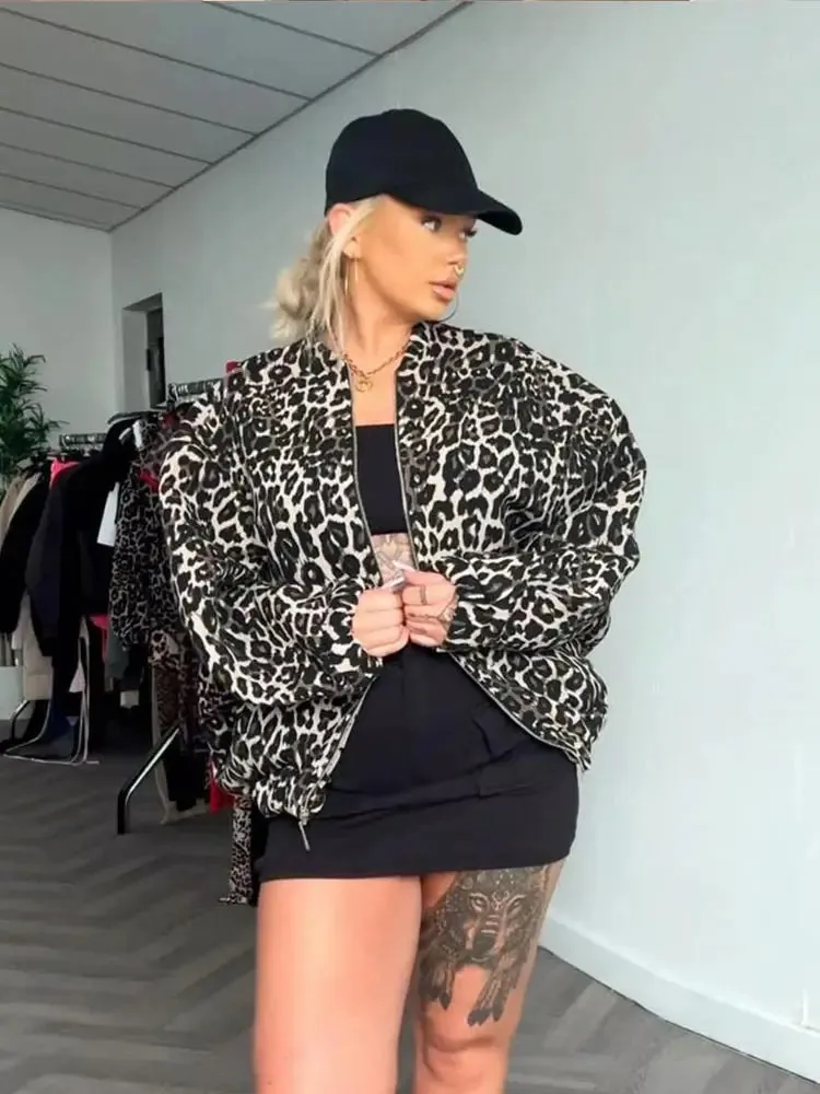 TAVIMART  -  Woman Leopard Print Zipper Long Sleeves Coat Fashion Chic Loose O Neck Short Jackets Autumn Winter Warm High Street Outerwear