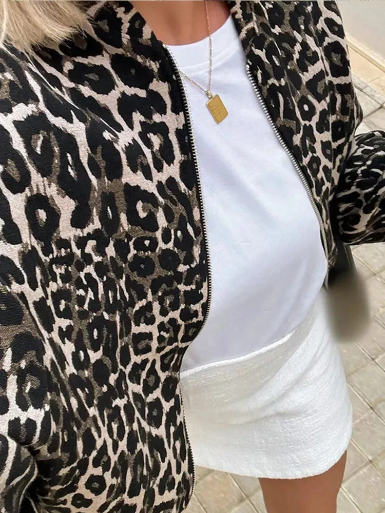 TAVIMART  -  Woman Leopard Print Zipper Long Sleeves Coat Fashion Chic Loose O Neck Short Jackets Autumn Winter Warm High Street Outerwear