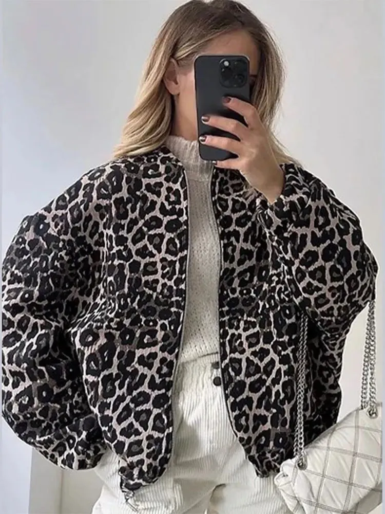 TAVIMART  -  Woman Leopard Print Zipper Long Sleeves Coat Fashion Chic Loose O Neck Short Jackets Autumn Winter Warm High Street Outerwear