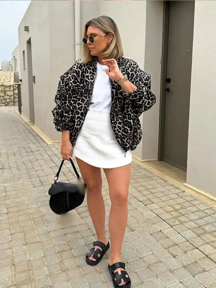 TAVIMART  -  Woman Leopard Print Zipper Long Sleeves Coat Fashion Chic Loose O Neck Short Jackets Autumn Winter Warm High Street Outerwear
