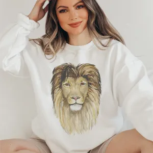 Watercolor Lion Women's Crewneck Sweatshirt Beautiful Hand-Drawn Lion on a Comfy, Cozy White, Ash, or Sand Pullover