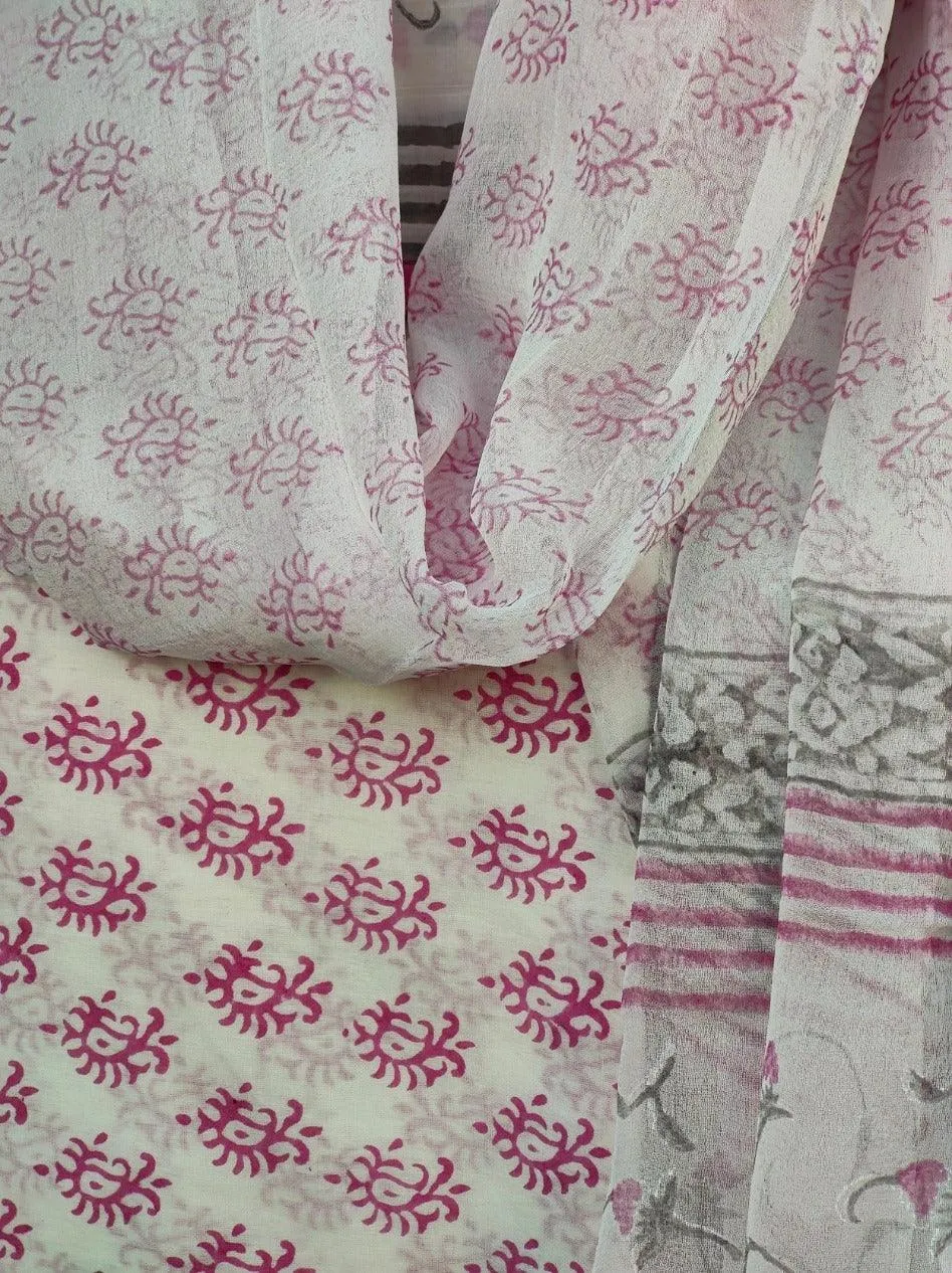 WHITE PINK BLOCK PRINT SUIT SET