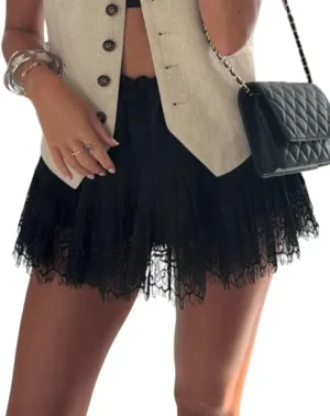 Women Y2k Lace Ruffle Pleated Mini Skirt Low Rise Half Slip Flowy Skirt Fairy Mesh Floral Layered Short Mini Skirts