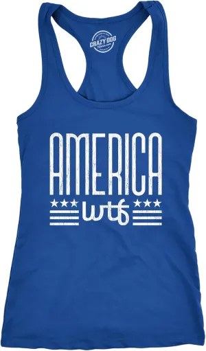 Womens America WTF Fitness Tank Funny 4th of July Independence Day What The F*ck Graphic Tanktop