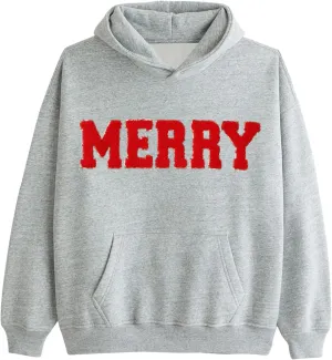 Womens Christmas Hoodie Merry Letter Printed Pullover Tops Oversized Long Sleeve Sweatshirts Xmas Holiday Tops