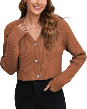 Women's Fall Cropped Cardigan Sweaters V Neck Long Sleeve Open Front Button Down Knit Sweater Tops Outerwear Coats.