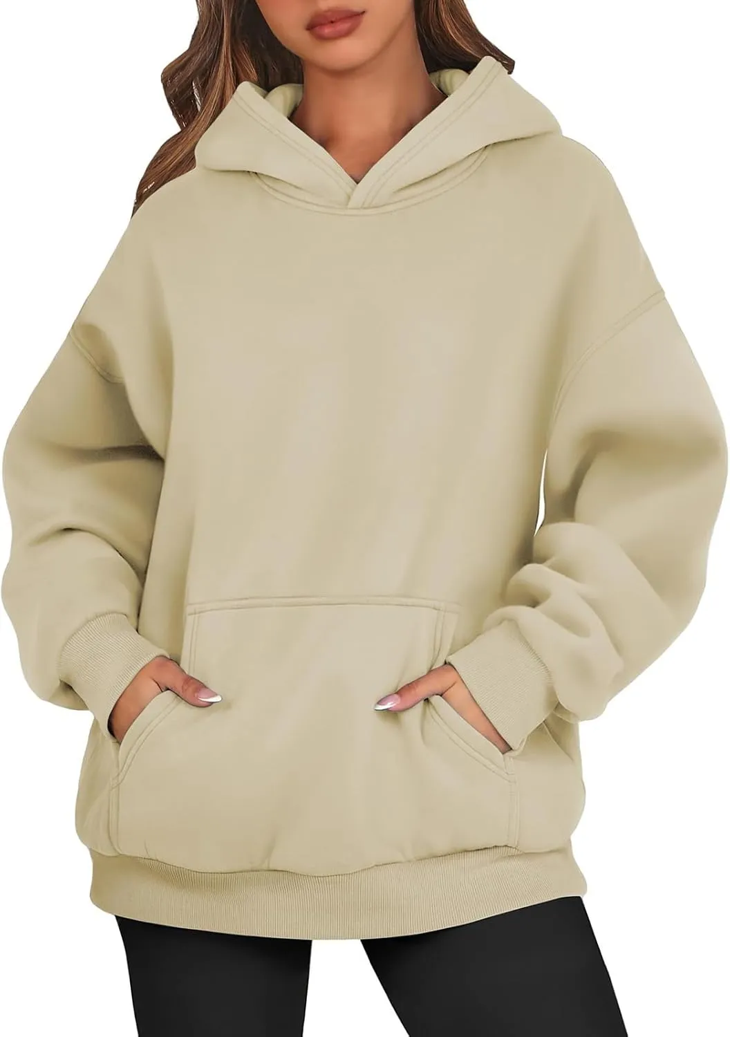 Women's Fashion Loose Fall Hooded Sweatshirt Solid Color Casual Daily Long Sleeve Fleece Sweaters Pullover with Pocket